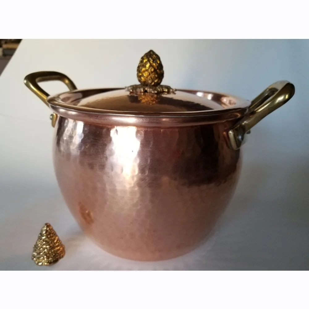 Hammered Copper Stock Pot with Brass Handles and Pineapple Finial